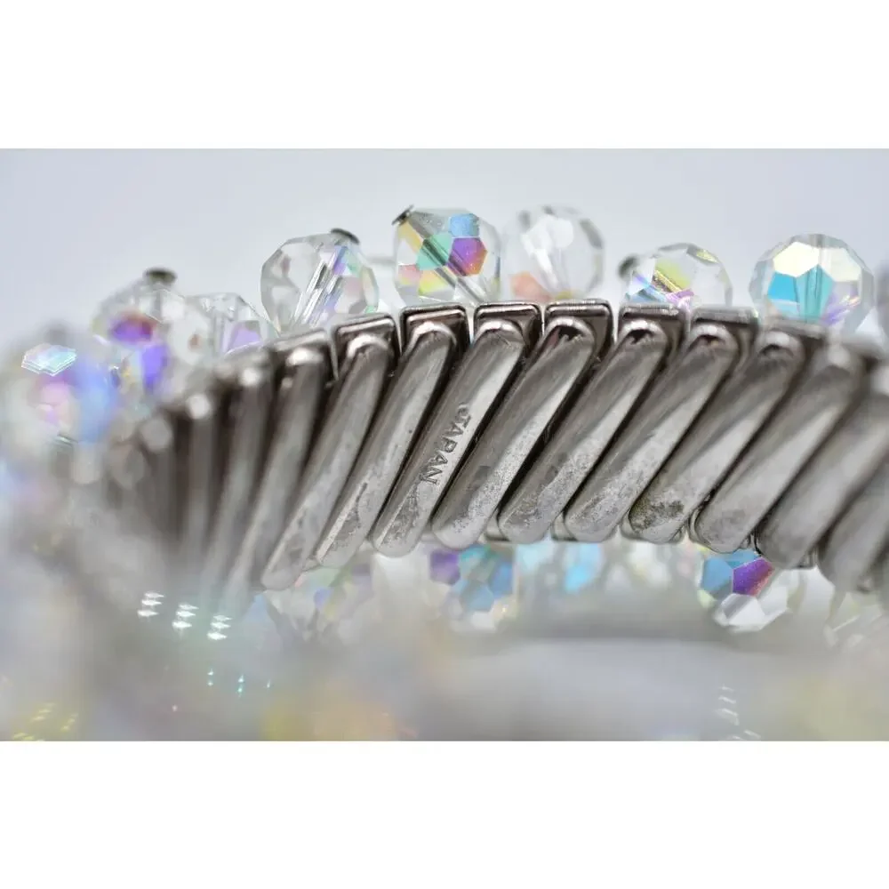 Vintage Crystal Cluster Bangle Bracelet Aurora Borealis Deco Japan Signed Bin2
